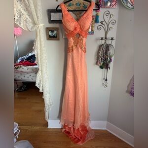 Bicici Coral Orange Beaded Evening Formal Gown